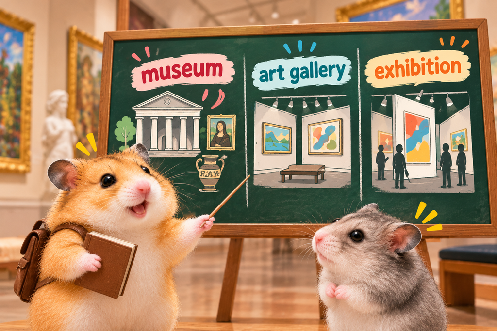 museum, art gallery, exhibition の違いを説明しているハムスター