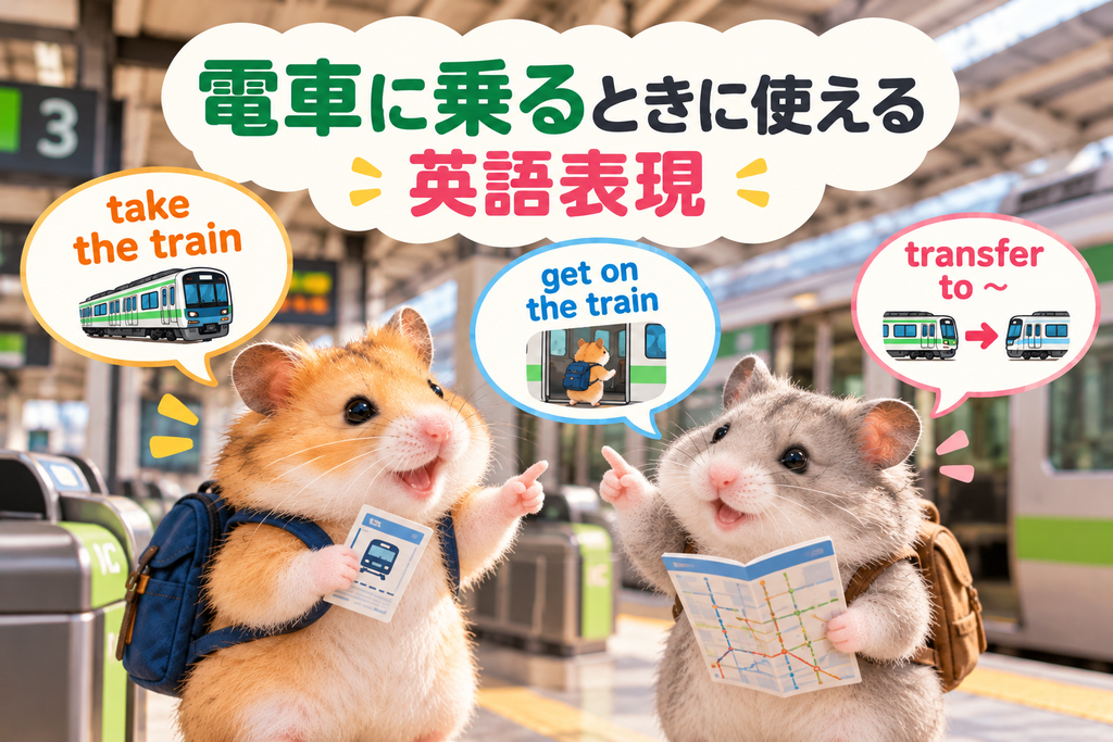 電車に乗るときに使える英語表現について確認しているハムスター2匹