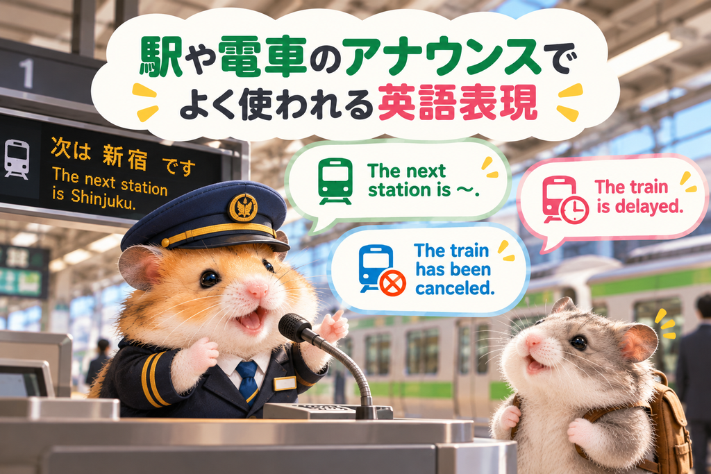 駅で電車についてのアナウンスをするハムスター