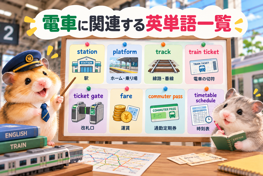 電車に関する英単語について学んでいるハムスター