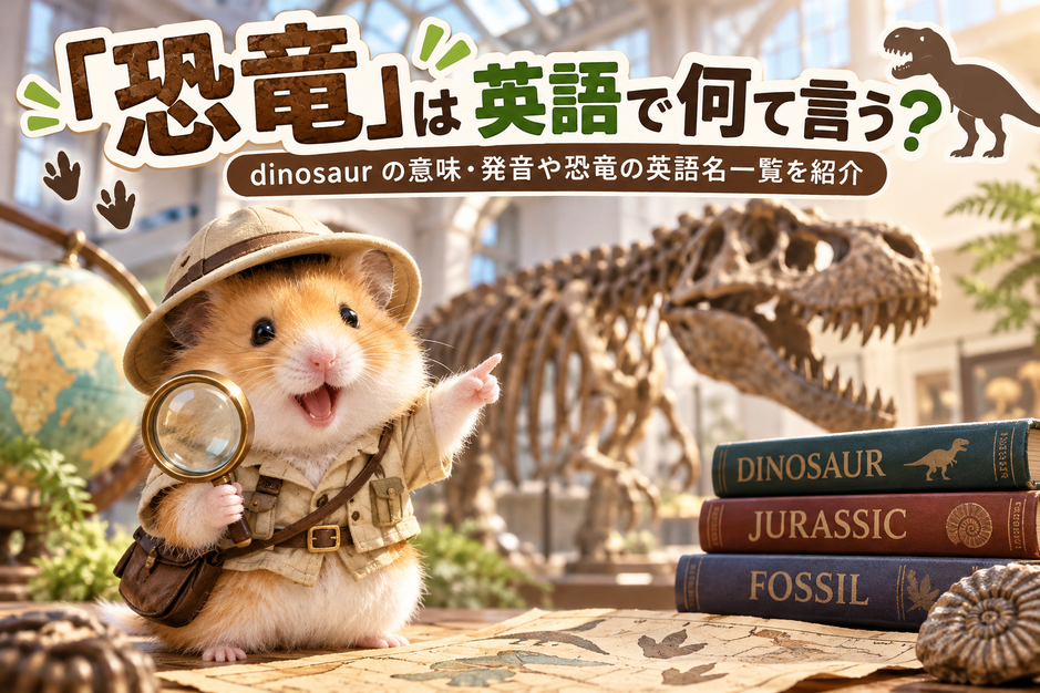 恐竜について虫眼鏡を片手に調べようとしているハムスター