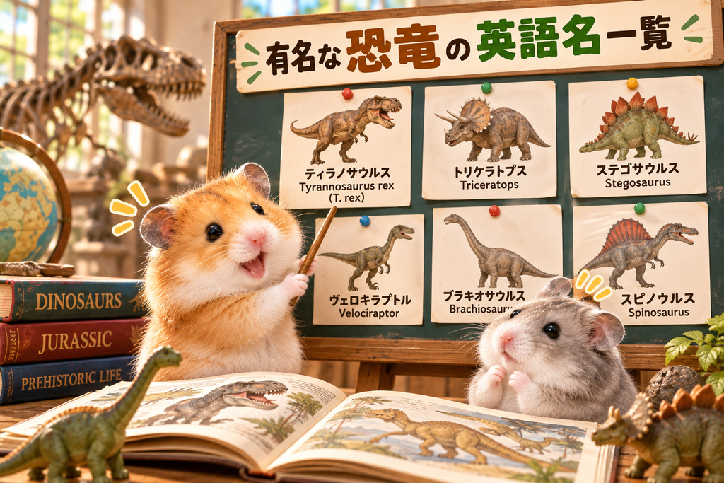 有名な恐竜の英語名一覧を教えているハムスター