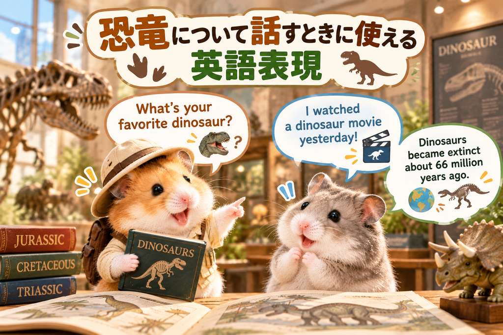 恐竜について話すときに使える英語表現を確認しているハムスターたち