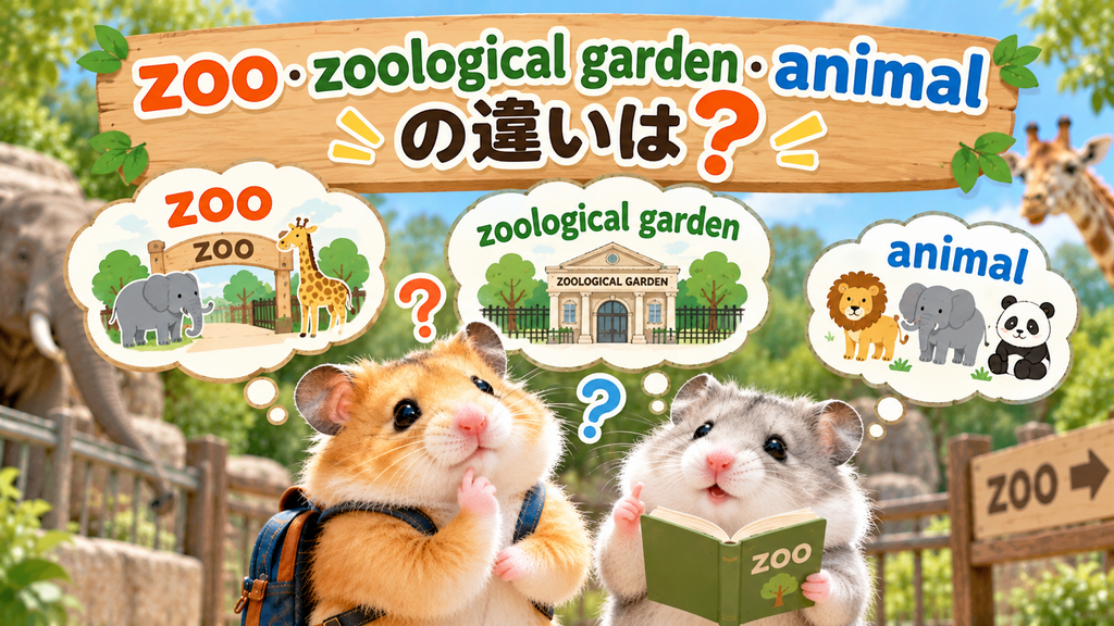 zoo・zoological garden・animalの違いについて考えているハムスターたち