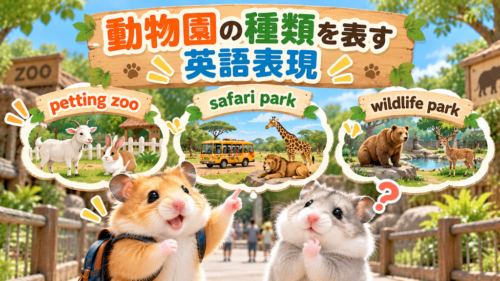 動物園の種類を表す英語表現について確認するハムスターたち