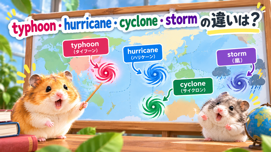 色々は台風を表す英語の違いを説明するハムスター