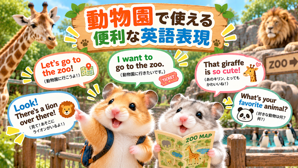 動物園で使える便利な英語表現を確認するハムスターたち