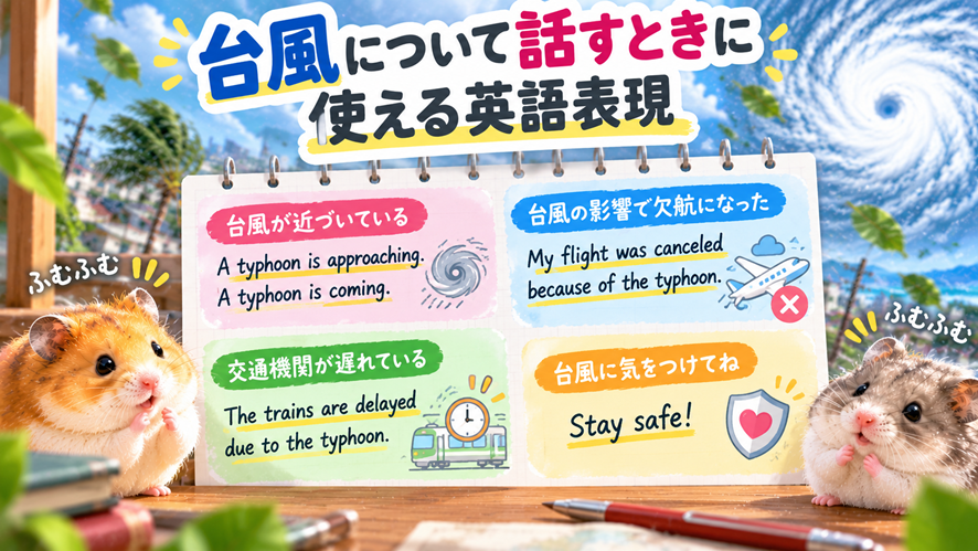 台風について話すときに使える英語表現について学んでいるハムスター